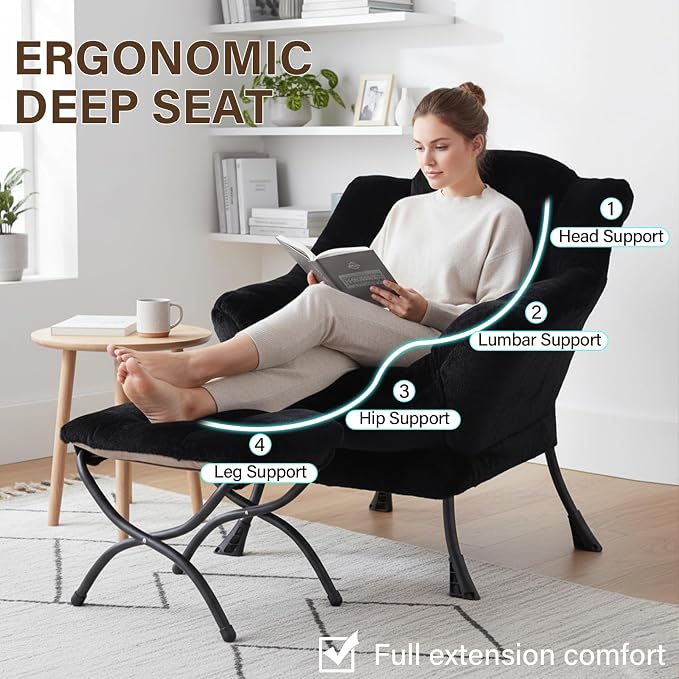 Welnow Lazy Chair with Ottoman, Modern Accent Chair with Armrests and a Side Pocket, Leisure Sofa Armchair, Reading Armchair with Footrest for Small Space, Plush Black