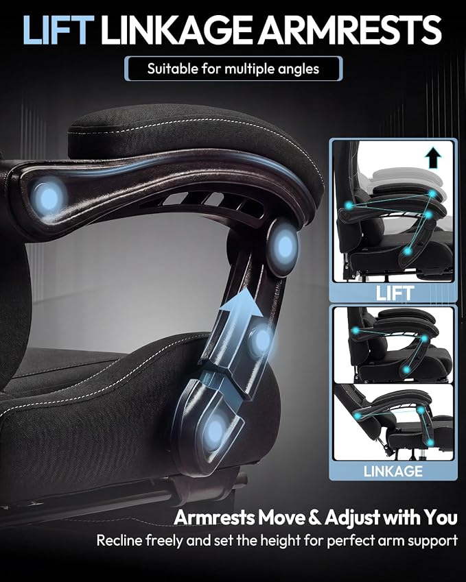 Dowinx Ergonomic Gaming Chair with Footrest & Massage Lumbar, 2D-Linkage Armrests for Computer Chair 330lbs with Headrest Pillow for Office, Home, Streaming and Long Gaming Sessions, Fabric Black