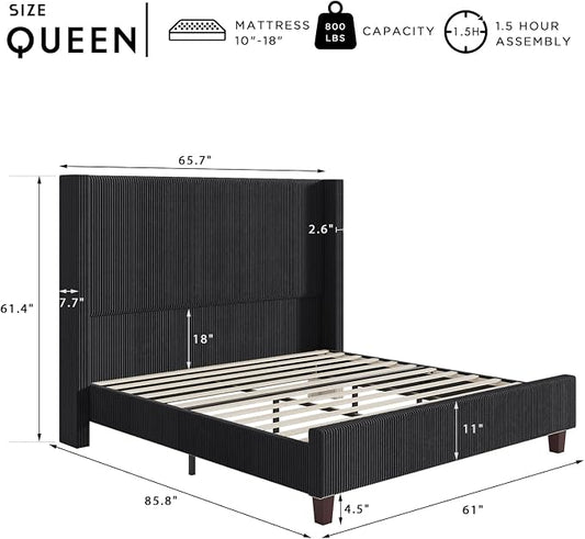 HOWE Queen Bed Frame with 61.4" Extra Tall Headboard, Corduroy Upholstered Bed with Vertical Wingback Headboard, No Box Spring Needed/Noise Free/Solid Wood Slats & Legs/Black