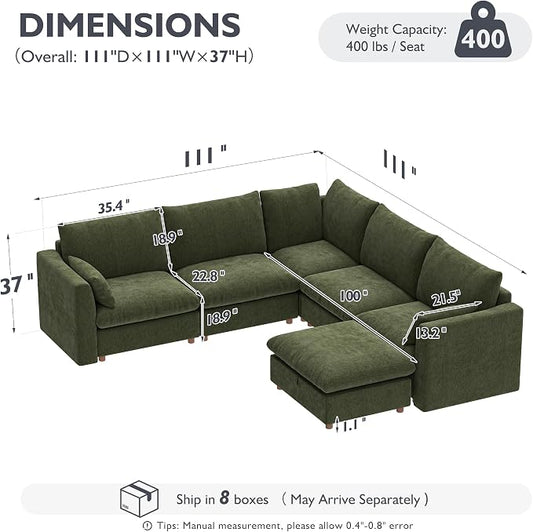 Ihanherry 111" Oversized Modular Sectional Sofa, Modern V Shaped Cloud Couch with Storage Ottoman, 6-Seat Comfy Chenille Deep Seat Sofa with 2 Pillows for Living Room, Green