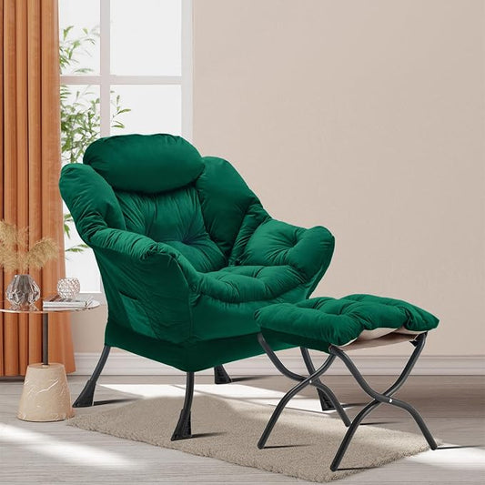 Youtanic Lazy Chair with Folding Ottoman, Accent Chair Velvet Upholstered with Metal Structure and Non-Slip Pads, Sofa Armchair with Footrest and Side Storage Bag for Dorm, Room, Office, Green