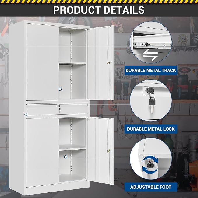 Fesbos 71" Metal Cabinet-White Heavy Duty Storage File Cabinet Steel Tool Cabinets with Shelves, Lockable Doors and Drawers- for Garage, Pantry, Warehouse - Assembly Required