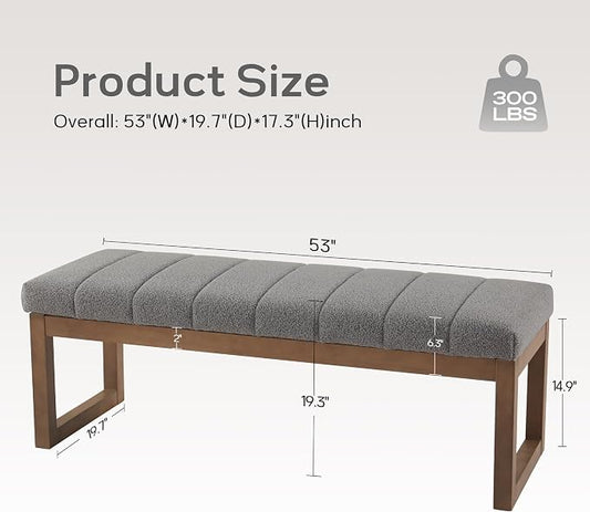 Zihanhome 52.7" Bedroom Bench for End of Bed, Modern Upholstered Teddy Fabric Entryway Bench & Dining Bench, Footrest Stool Bench with Solid Wood Frame for Bedroom, Living Room (Light Grey)