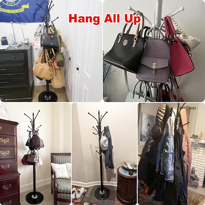 Kertnic Freestanding Coat Rack Stand, Heavy Duty Metal Hall Tree with 12 Hooks, 70 Inch Tall Stable Coat Hanger with 14.6" Natural Marble Base, Entryway Organizer for Coats Bags Hats Purses (Bronze)