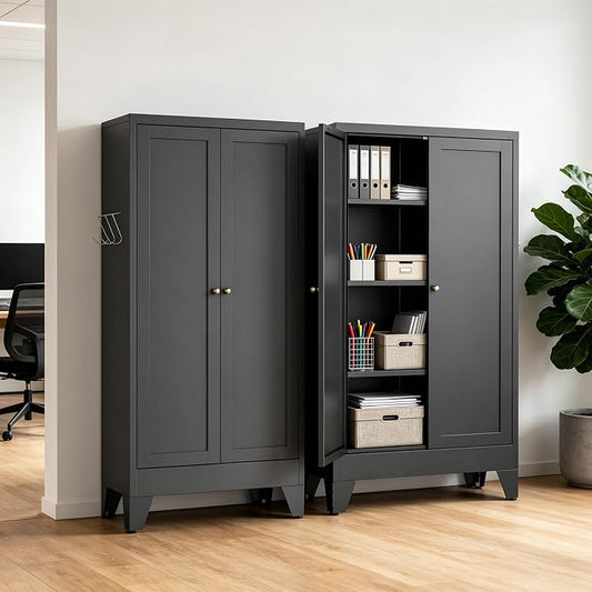 Metal Pantry Cabinet, Kitchen Pantry Storage Cabinets with 2 Doors and 3 Adjustable Shelves, White Kitchen Pantry Cabinet for Dining Room, Living Room, Assemble Required (Black)