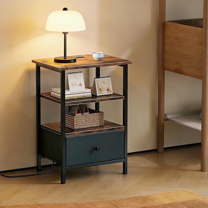 Side Table with Charging Station, Nightstand with Adjustable Fabric Drawer, Bedside Table for Bedrooms, Living Rooms & Home Decor (Brown Black)