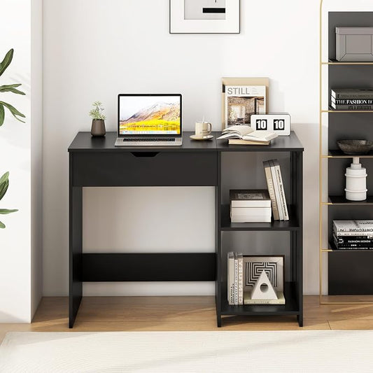 Tangkula Computer Desk with Lift Top, Space Saving Standing Desk with Hidden Compartment and Open Storage Shelves, Study Writing Desk with Lifting Mechanism, Black