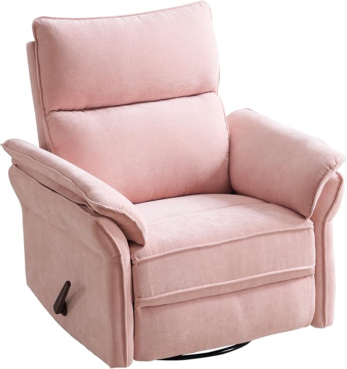 Rocking Chair Nursery with Adjustable Headrest,Manual Swivel Rocker Recliner Nursery Chair with Overstuffed Armrest,Glider Rocker Recliner for Living Room & Bedroom,Pink