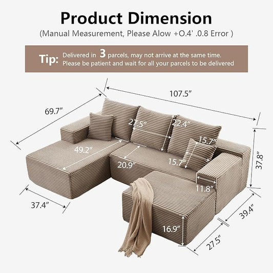 107" Cloud Modular Sectional Couches, Modern Convertible U Shaped Couch, 3 Seat Corduroy Comfy Deep Seat Sectional Sofa Oversize Deep Seat Sofa Camel