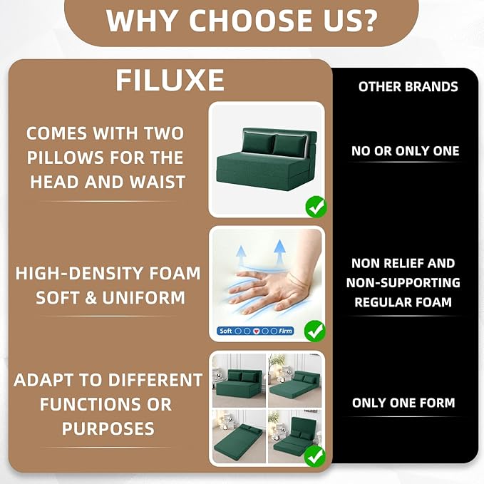 FILUXE Folding Sofa Bed | Convertible Sleeper Chair Bed for Adults, Fold Out Chair to Bed Linen Futon Chair with Pillow, for Home Dorm Apartment RV Living Room, Standard Size,Dark Green
