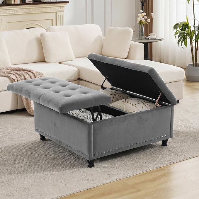 Tbfit Large Square Storage Ottoman Bench, Tufted Upholstered Coffee Table Ottoman with Lift Top & Wooden Legs, Oversized Storage Ottomans Toy Box for Living Room (Gray-Velvet)