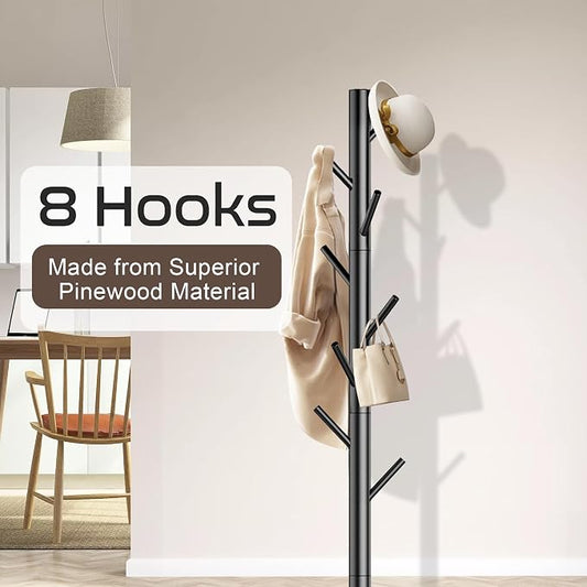 Aliphon Wooden Coat Rack Stand, Freestanding Coat Rack with 8 Hooks, 3 Adjustable Size Coat Tree for Hats, Coats, Scarves bags, Coat Hanger Stand Used in Bedroom/Office/Entryway,2 PCS (Black)
