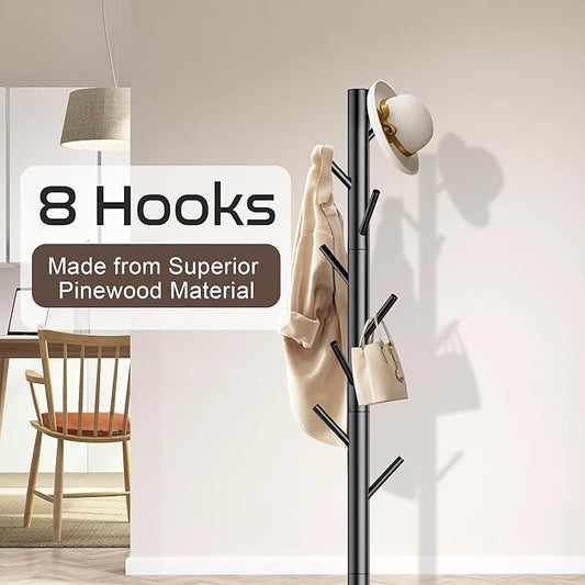 Aliphon Wooden Coat Rack Stand, Freestanding Coat Rack with 8 Hooks, 3 Adjustable Size Coat Tree for Hats, Coats, Scarves bags, Coat Hanger Stand Used in Bedroom/Office/Entryway (Black)