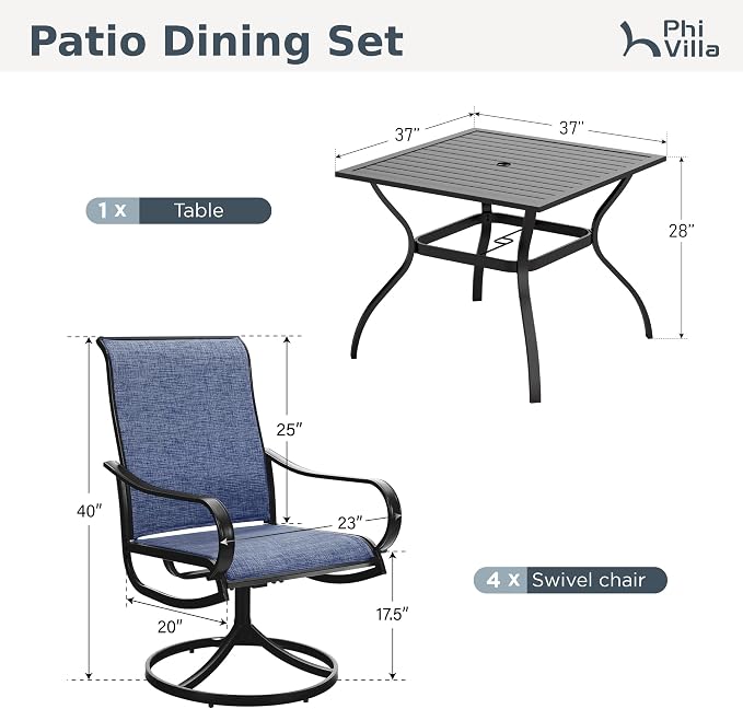PHI VILLA 5 PCS Outdoor Patio Dining Set with Swivel Dining Chairs (Blue) and 37"x 37" Metal Steel Dining Table(1.57" Umbrella Hole), All Weather Patio Dining Furniture Set for Deck Lawn Garden