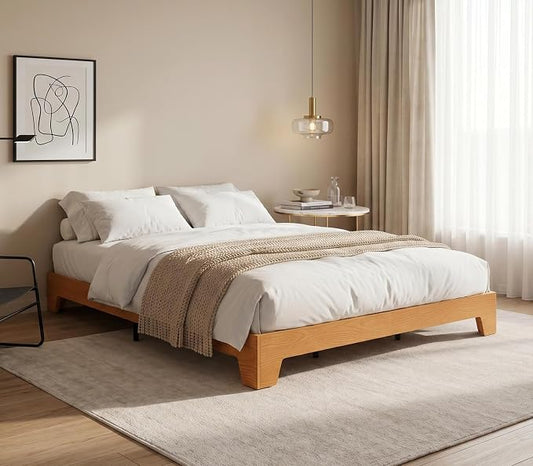 IDEALHOUSE Queen Size Wood Bed Frame,Platform Nature Bed with Strong Wooden Slats,No Box Spring Needed,Minimalist Bedroom Furniture,Contemporary Wooden Bed Frame,Easy Assembly