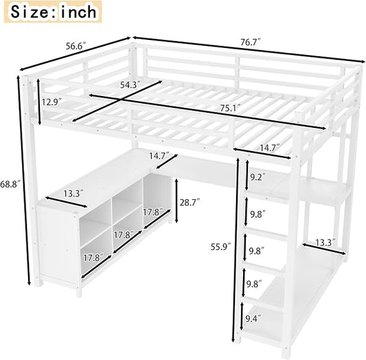 Bellemave Full Size loft Bed with L Desk, Wardrobe, Metal Full Loft Bed Frame for Adults, Kids, Teens, White