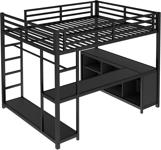 Bellemave Queen Size loft Bed with L Desk and Wardrobe, Metal Queen Size Loft Bed Frame for Adults, Kids, Teens, Black