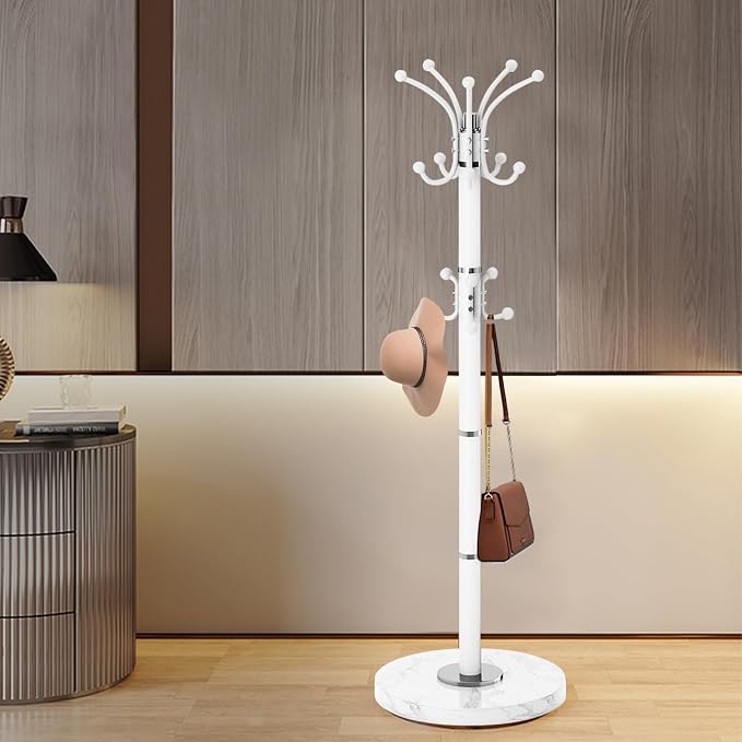 Modern Metal Coat Rack Stand, 360°Rotary Coat Rack Freestanding with Natural Marble Base, White Sturdy Coat Racks with 16 Hooks, Coat Racks Hall Tree Stand for Entryway (White)