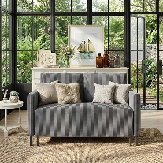 Welzona 47.2" Convertible Sofa Bed Couch, Comfy Corduroy Loveseat Sleeper Sofa, 620lbs Capacity Couch Bed, Easy Setup Love Seat Sleeper Bed 2 Pillow, Small Couches for Living Room/Office, Classic Grey