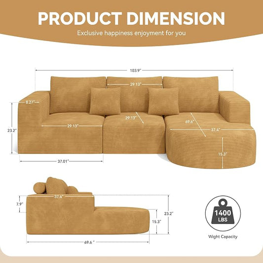 Boneless Couches for Living Room,Cloud Sectional Couch with L-Shape Chaise,Modern Modular Sofa with Deep Seat Upholstered Comfy Couches for Bedroom,No Assembly Required,1PCS