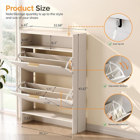 VINGLI White Slim Shoe Cabinet with Curved Edges, Modern Hidden Shoe Storage Organizer with 2 Flip Drawers & Open Shelf, Narrow White Shoe Cupboard with Fluted Panel & Anti-Tip Kit, 32.7" W