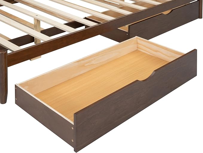 Merax Queen Size Platform Bed with 2 Storage Drawers and Twin XL Size Trundle, Rustic Design Wooden Bed Frame, Walnut