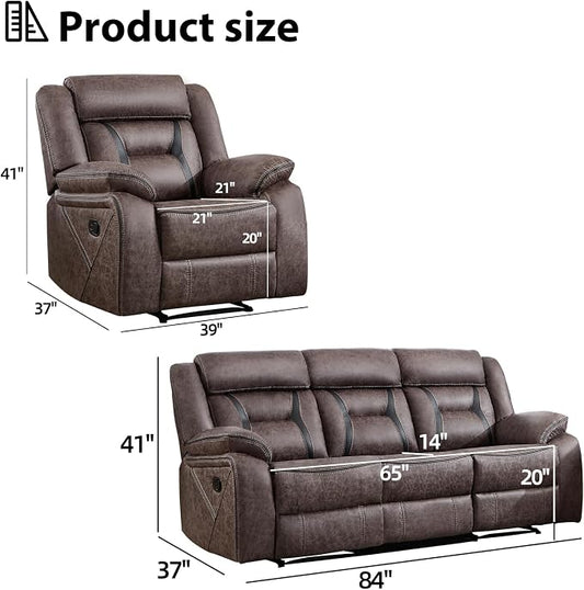 EBELLO Faux Leather Recliner Sofa Furniture Set for Living Room, 2 Recliner Chairs, 3 Seat Reclining Sofa Couch Set for Meeting Room, Grey