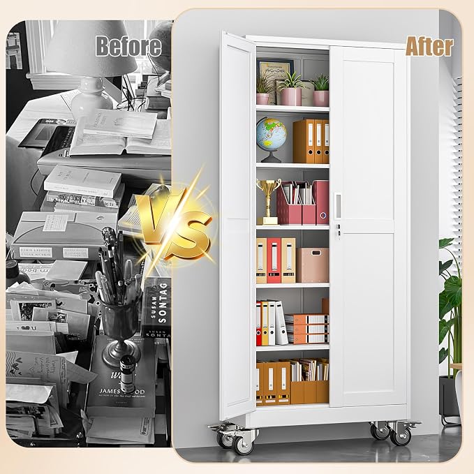 75" H Metal Pantry Storage Cabinet with Wheels,Rolling Kitchen Pantry Cabinet with 2 Doors and 5 Adjustable Shelves, Locker Steel Cabinet,Organization Cabinet for Garage,Home,Gym,School,White
