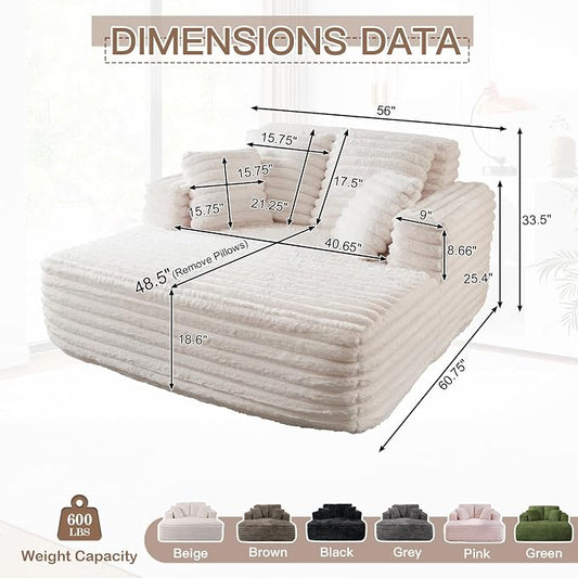 JEEOHEY 56" Oversized Chaise Lounge Chair Indoor,Plush Faux Fur Sleeper Sofa Couch Bed with Pillows&Wide Armrests,Fluffy Comfy Cloud Couch,Compression Foam Couch for Living Room,Bedroom(Beige)