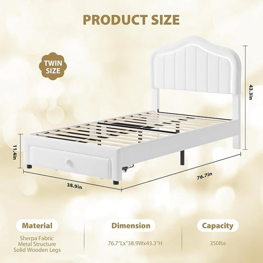 GarveeHome Twin Upholstered Bed Frame with Storage Drawer and Smart Led Headboard, Twin Size Platform Bed Frames for Kids, Wooden Slats Support, No Box Spring Needed, Easy Assembly, White