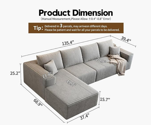 135.4" Cloud Modular Sectional Sofa Couch with L-Shape Chaise,Modern Minimalist Upholstered Couches for Living Room Bedroom,Deep Seat Corner Couch,No Assembly Required (Grey,Left Facing Chaise)