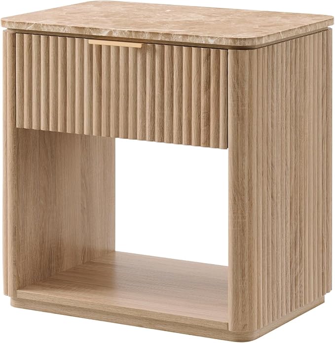 Fluted Nightstand with Faux Marble Top, Modern Bedside Table | FSC-Certified Engineered Wood, 24" H, 1 Drawer and 1 Storage Shelf, Rounded Corner, Metal Handle, for Bedroom, Natural Oak