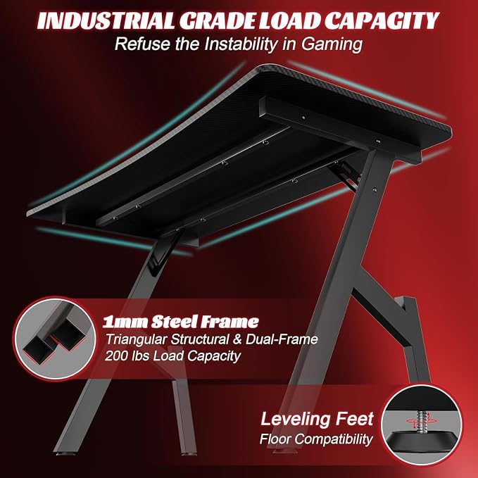 HLDIRECT 40 Inch Gaming Desk, Small Computer Gaming Desk Table with Cable Management, Ergonomic A Shape Modern Carbon Fiber Gamer Table Pc Workstation Home Office Desks for Small Space, Black