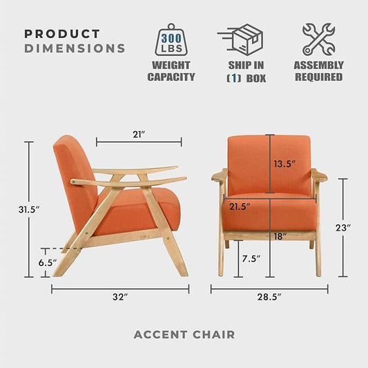 Lexicon Mid Century Modern Accent Chair with Solid Wood Frame in Natural Finish, Textured Fabric Living Room Lounge Arm Chair, Thick and Comfy Innerspring Seat Cushion, Linen-Look Fabric, Orange