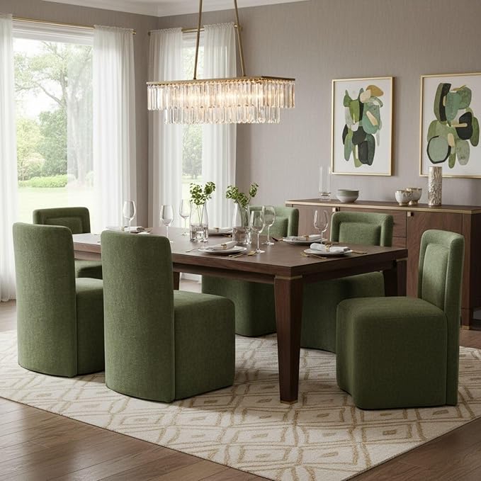 Hyfirm Upholstered Dining Chairs Set of 6, Mid-Century Scandinavian Parsons Armless Chairs with Plush Seat Cushion for Diningroom Bedroom Livingroom Reading Room,Green Fabric