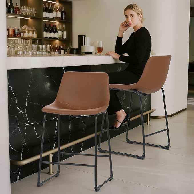 Athena Collection 23'' Counter Height Bar Stools Bar Chairs Set of 4 Modern PU Leather Bucket Chairs with Back Soft Foam Filled Metal Frame Bar Stools with Footrest for Pub, Bistro, Kitchen, Brown