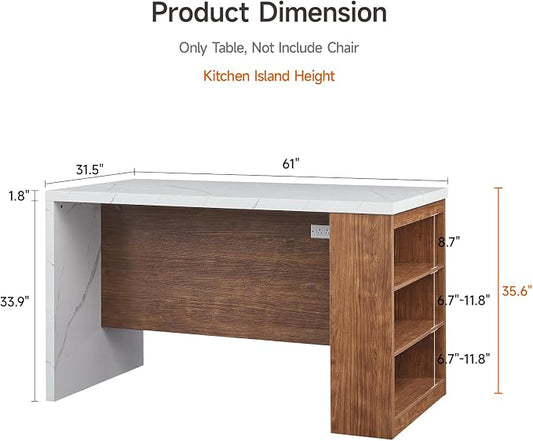 ONBRILL 61 x 31 Inch Whole Board of Tabletop Kitchen Island Table with Storage Space, Power Outlet & LED Lights, Modern Imitation Marble Large Counter Height Dining Table for 4 (White)