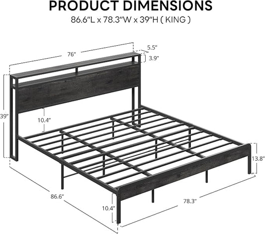 LIKIMIO King Bed Frame with Headboard, Dark Wood Camas King with Strong Supports, Sturdy, Noise-Free, No Box Spring Needed, Grey
