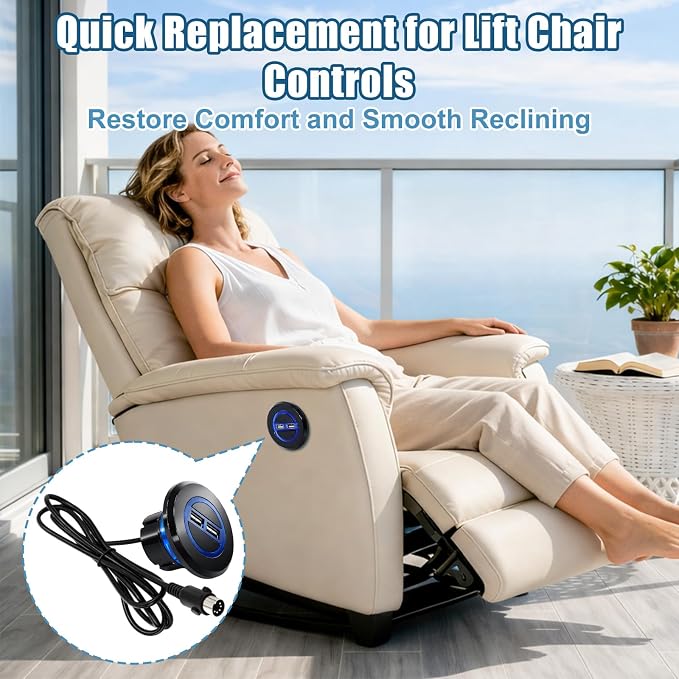 Power Recliner Switch Replacement with Dual USB Ports, 2 Button 5 Pin Round Hand Control, 1.8M Power Recliner Remote Compatible with Ashley Okin Limoss Lane KDPT Kaidi Lift Chair Recliner Sofa