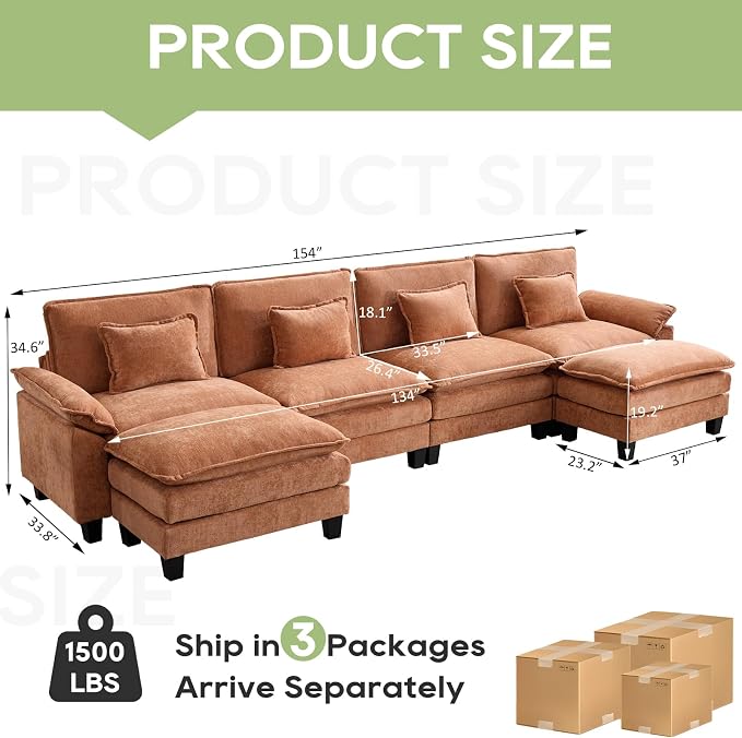 Oprisen 154" Modular Sectional Sofa, Comfy Cloud Couch Sectional Sofa with Ottoman, Chenille Sofa Sleeper Deep Seat Sofa with Throw Pillows for Living Room (Orange, 154"- U Shape)