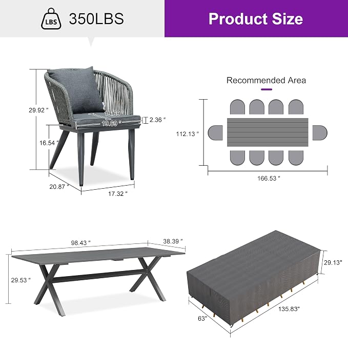 PURPLE LEAF 11 Pieces Patio Dining Set with Waterproof Furniture Cover Rectangular Table and Chairs Set for Garden Deck Aluminum Frame Backyard Kitchen Set, Cushions and Pillows Included Grey