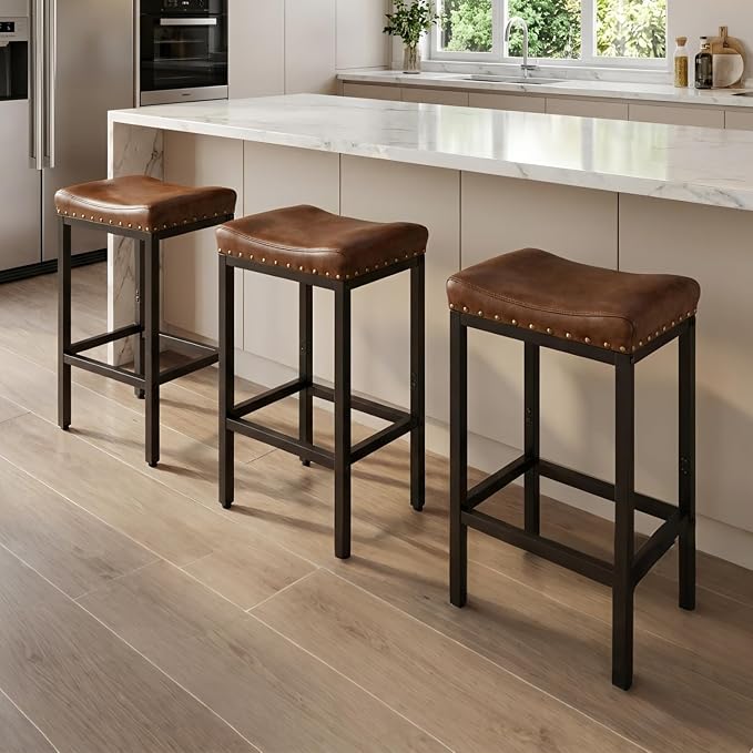 Forteek Counter Height Bar Stools Set of 2,30 Inch, Industrial Vintage Bar Stool with Nailhead, Faux Leather Barstool with Footrest, Saddle Stool for Kitchen Island, Dining Room, Easy Assembly