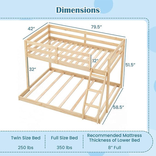 Giantex Twin Over Full Bunk Bed, Solid Wood Kids Bunk Bed with Full-Length Guardrails & Ladder, Low Bunk Beds with Slats Support for Kids, Teens, No Box Spring Needed, Natural