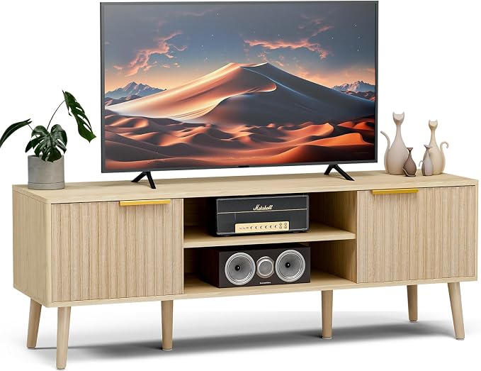 LCRBOL TV Stand with Fluted Doors for TVs up to 65", Modern, Natural | 54.3"W x 15.3"D x 19.6"H, 150 lbs capacity, 2 fluted door cabinets & 2 adjustable shelves, cable holes, 5 tapered legs.