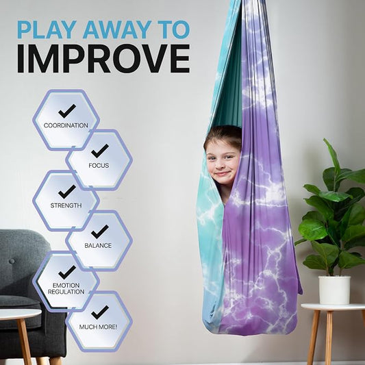 Indoor Sensory Swing for Kids or Outdoor – Holds 300lbs, Double-Layer, & 360° Swivel, Calming Compression Therapy Swing Hammock for Kids & Adults with All Hardware – Sensory-Motor Toys & Gifts