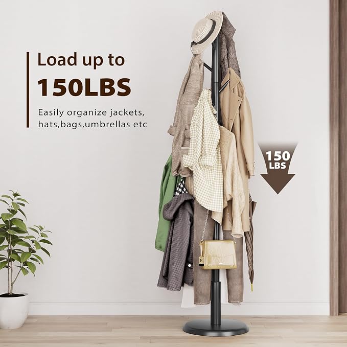 Taitiy Solid Wood Coat Rack Freestanding Coat Tree with 10 Hooks for Bedroom, Livingroom, Entryway, Sturdy Coat Hanger Stand for Hats, Coats, Scarves, Handbags, Purses