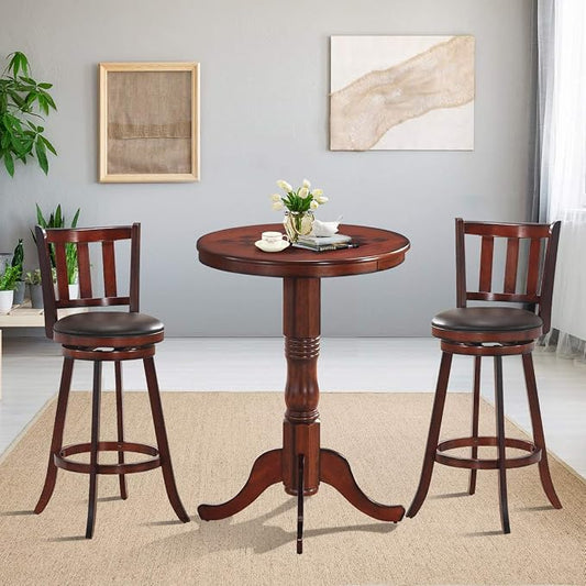 Giantex Round Dining Table, 30" D X 41.5" H, Wooden Pub Pedestal Side Table W/Chessboard, Adjustable Foot Pads, Multi-Purpose Dinner Table for Small Space, Kitchen, Dining Room, Restaurant, Walnut