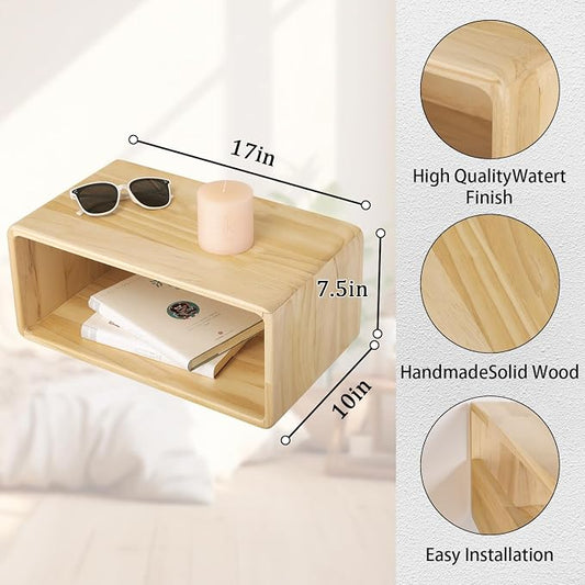 Floating Nightstand, Wall Mounted Bedside Table Wood Bedside Shelf Floating Shelves for Bedroom Bathroom Kitchen Office 18”x 10”x 7.5” Natural