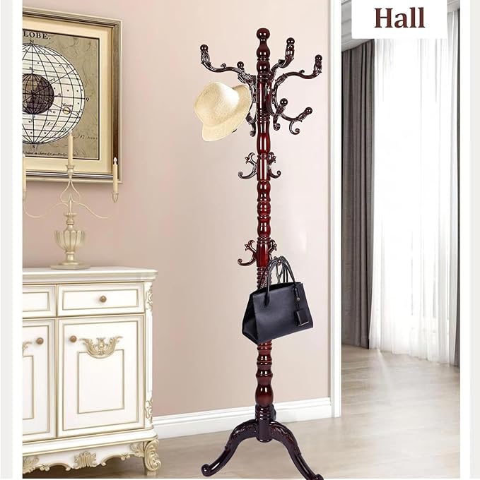 Wooden Coat Rack Freestanding, Hall Tree Hanger With Resin Hooks, Adjustable Heavy Duty Coat Rack for Hanging Clothes Bags Hats in Living Room Bedroom (coat rack, 3 Prong Legs-Rosewood Color)