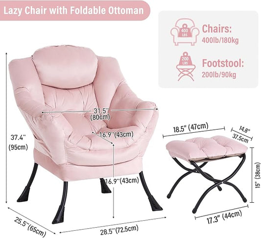 Furlide Lazy Chair with Ottoman, Modern Chair with Folding Footrest, Lounge Accent Chair, Comfortable Reading Chair, Oversized Armchairs for Bedroom, Study, Living Room, Courtyard (Pink)